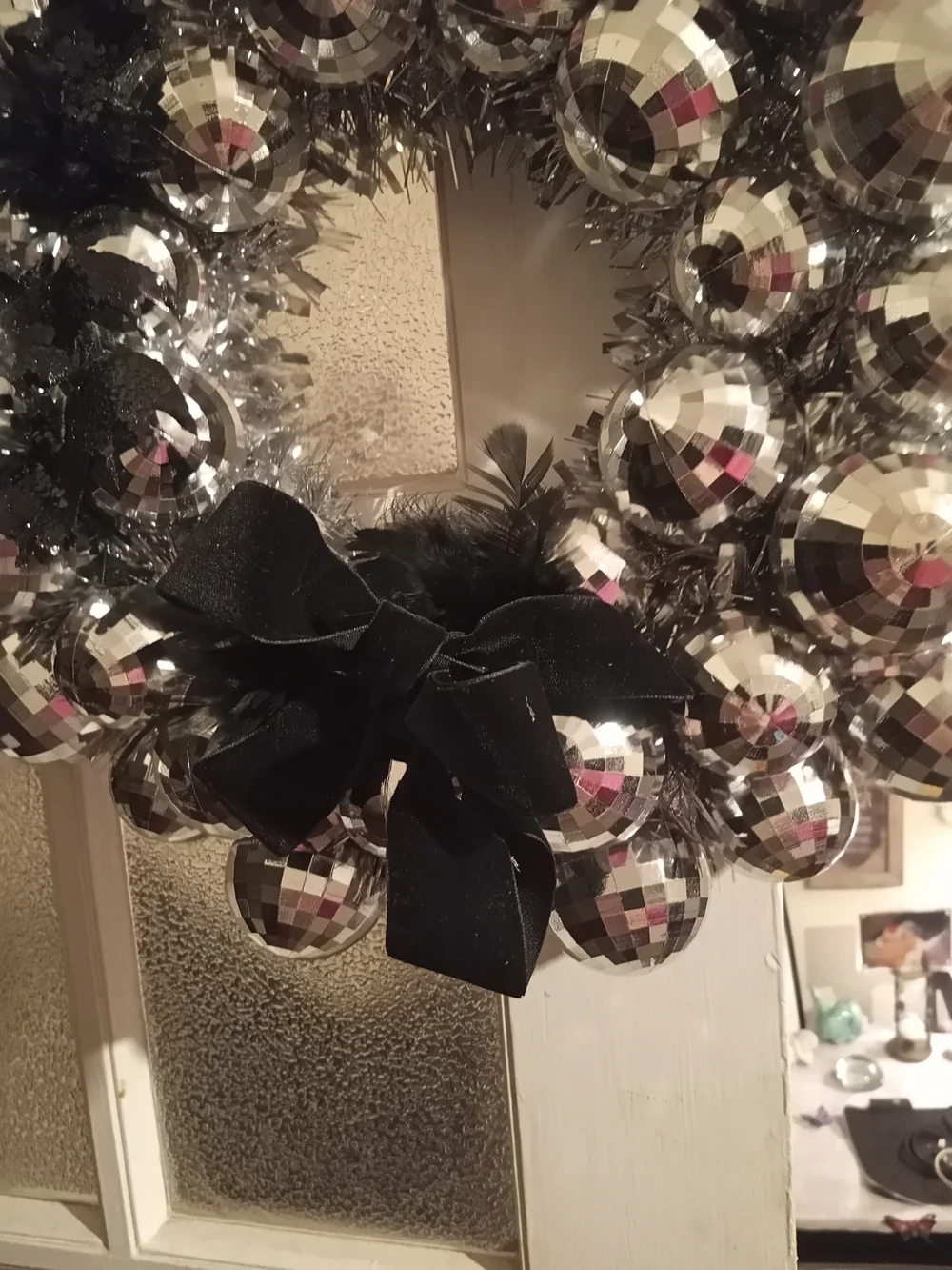 Festive Silver Disco Ball Wreath with Black Accents